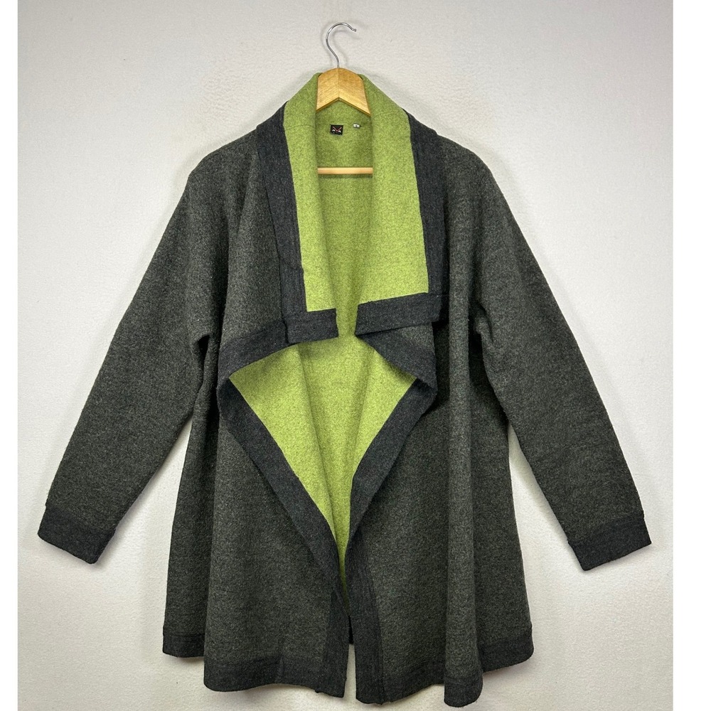 Lagenlook AVA Women Large Grey Green 100% Wool Open Front Shawl Collar Cardigan